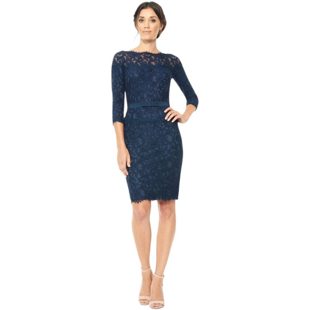 Tadashi Shoji Blue Lace Illusion Sheath Dress 10P Womens Ribbon Belt